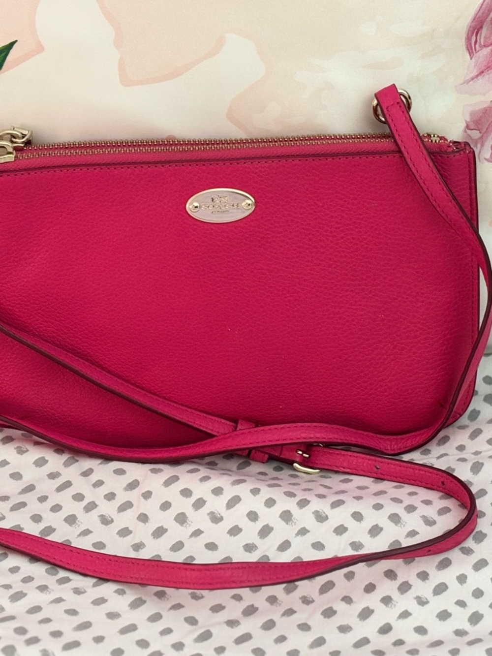 Coach Hot Pink Pebbled Leather Crossbody with Gold Plaque